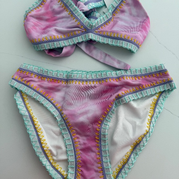 PQ Platinum Swimwear Girls Pink Rainbow Embroidered Bikini Bathing Suit NWT 16 - Picture 1 of 4